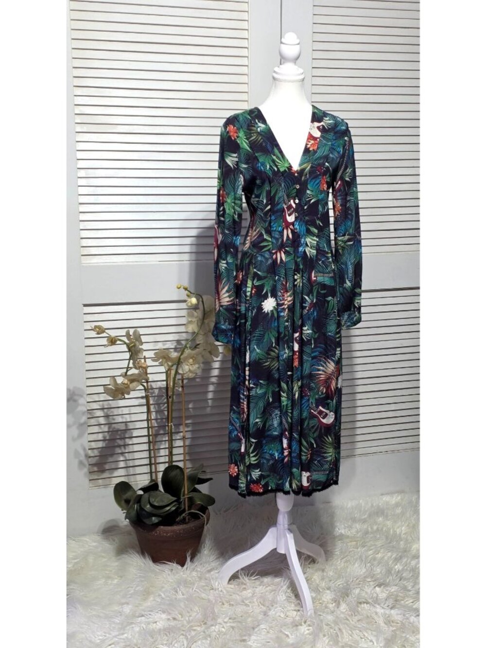 Zadig & Voltaire Tropical Print  Roux Jungle Long-Sleeve Midi Dress Size XS 3865